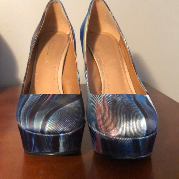 Like new blue & multi colored platform pumps. - Picture 2 of 5